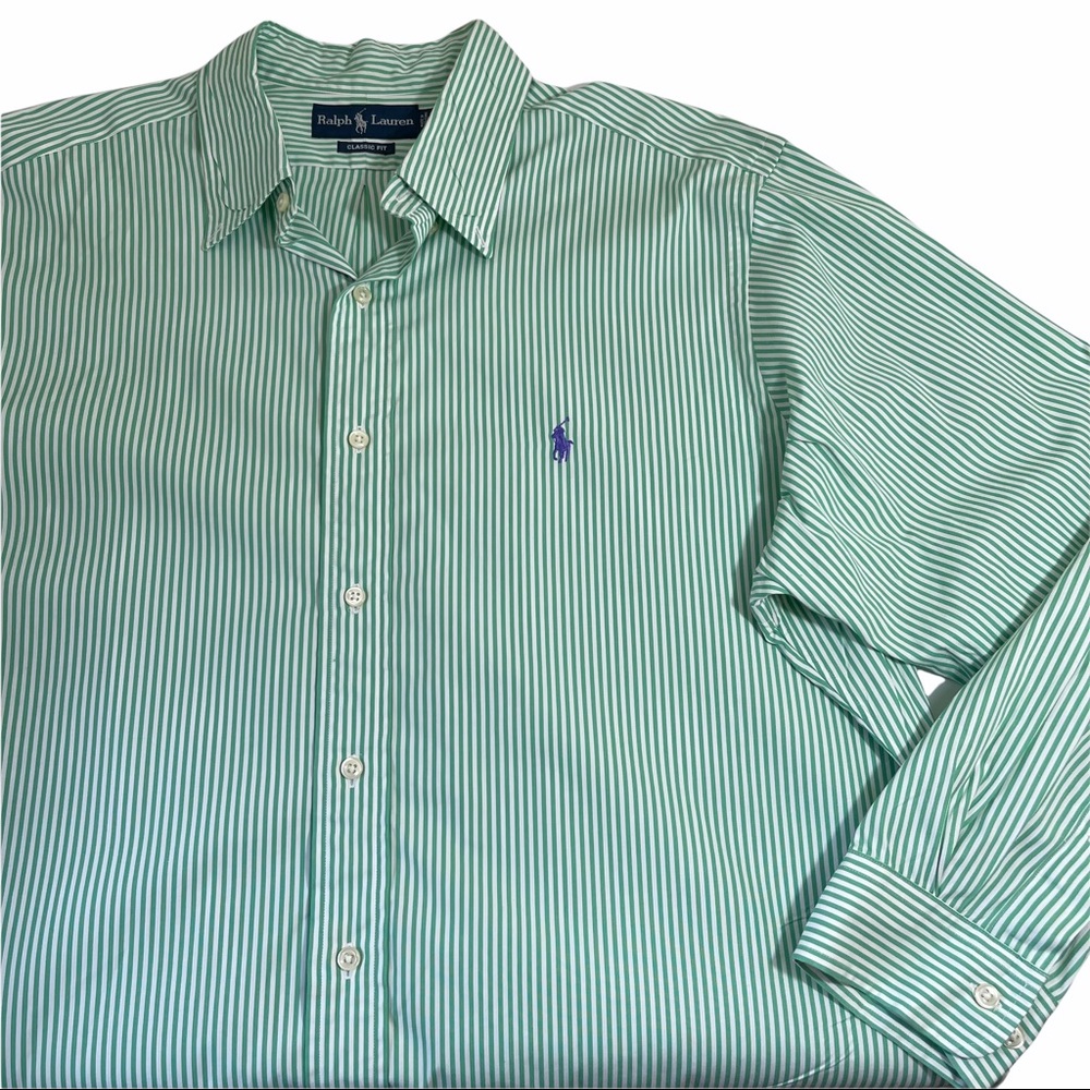 Ralph Lauren Button Down Green White Stripe Classic Fit, Men's Size 17 32/33 - Picture 4 of 8